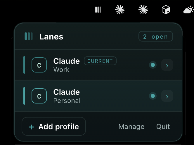 The Lanes panel open in the macOS menu bar, listing two Claude lanes — Work and Personal — each signed into a separate account